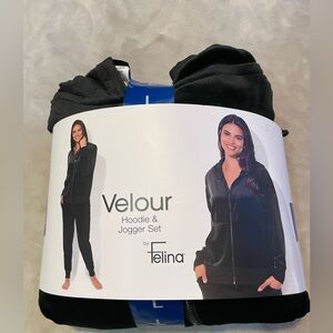 Felina Black Velour Hoodie & Jogger Lounge Set Sz L